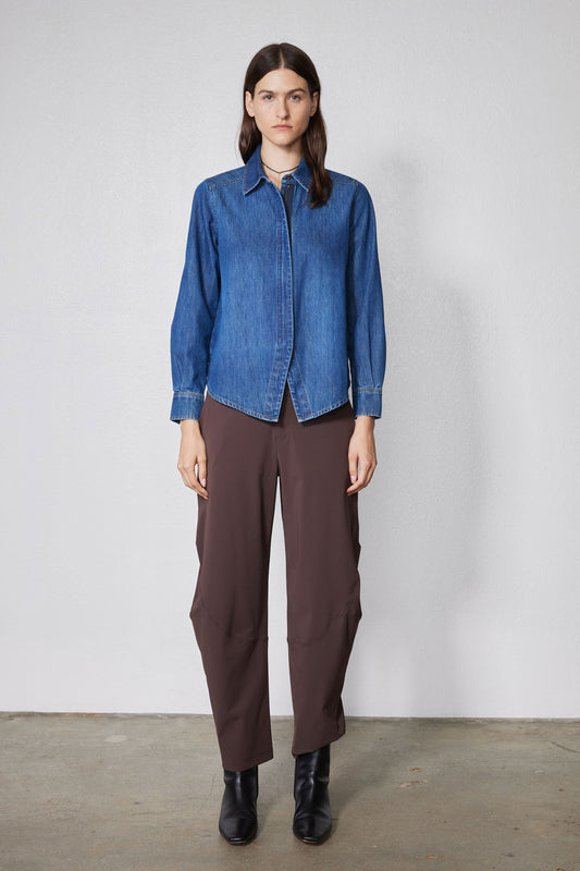 Coffee brown wide-leg pants, ankle length hem and elastic waist, front view