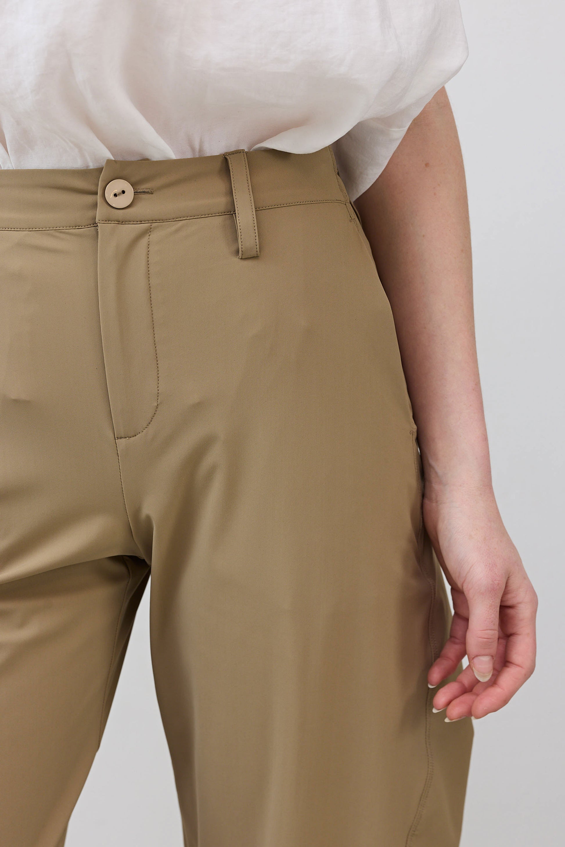 Dune wide-ish pants waistband with button closure, belt loop, and pleat detail