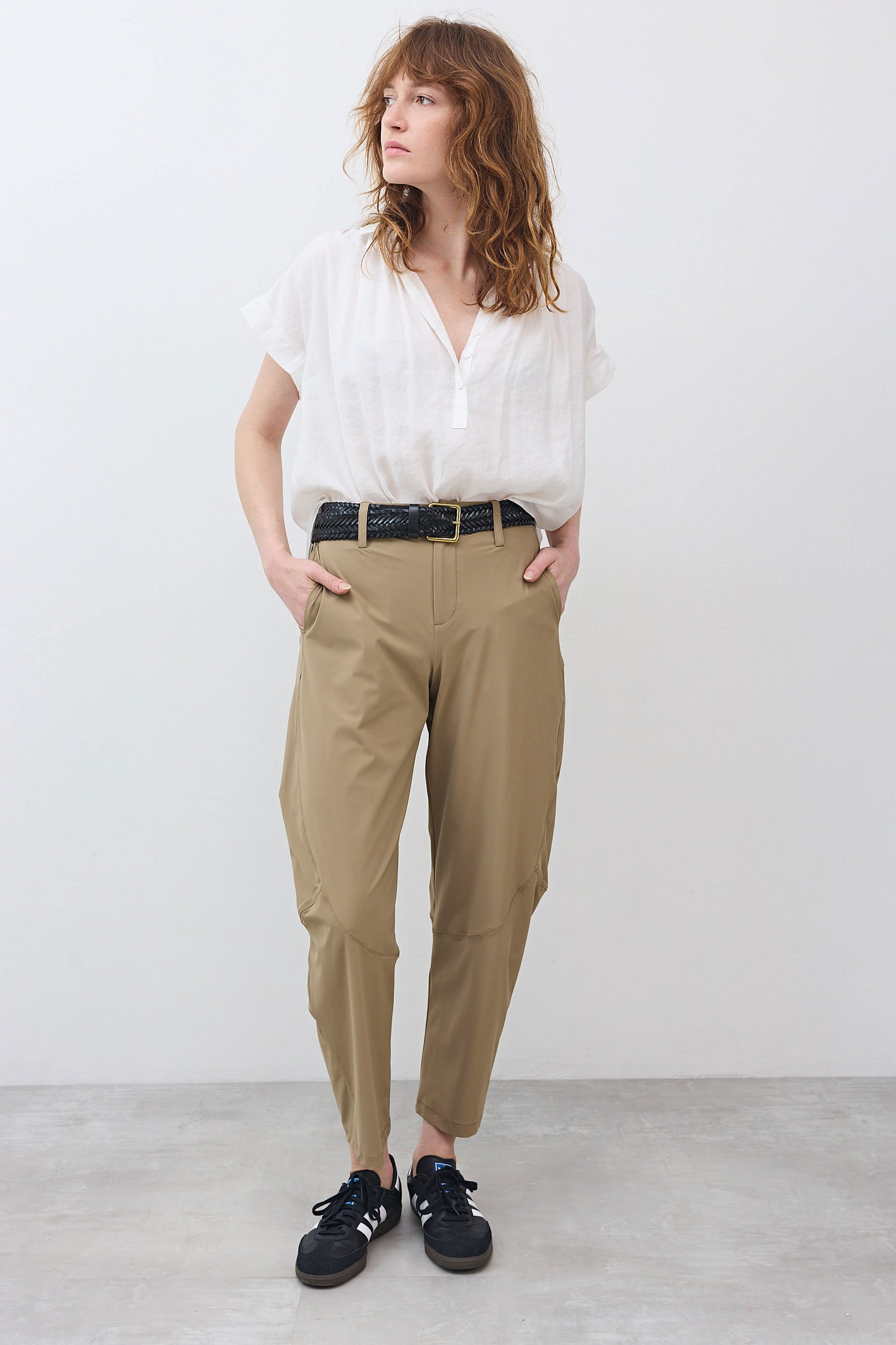 Dune wide-ish pants with elastic waistband, belt loops, tapered legs