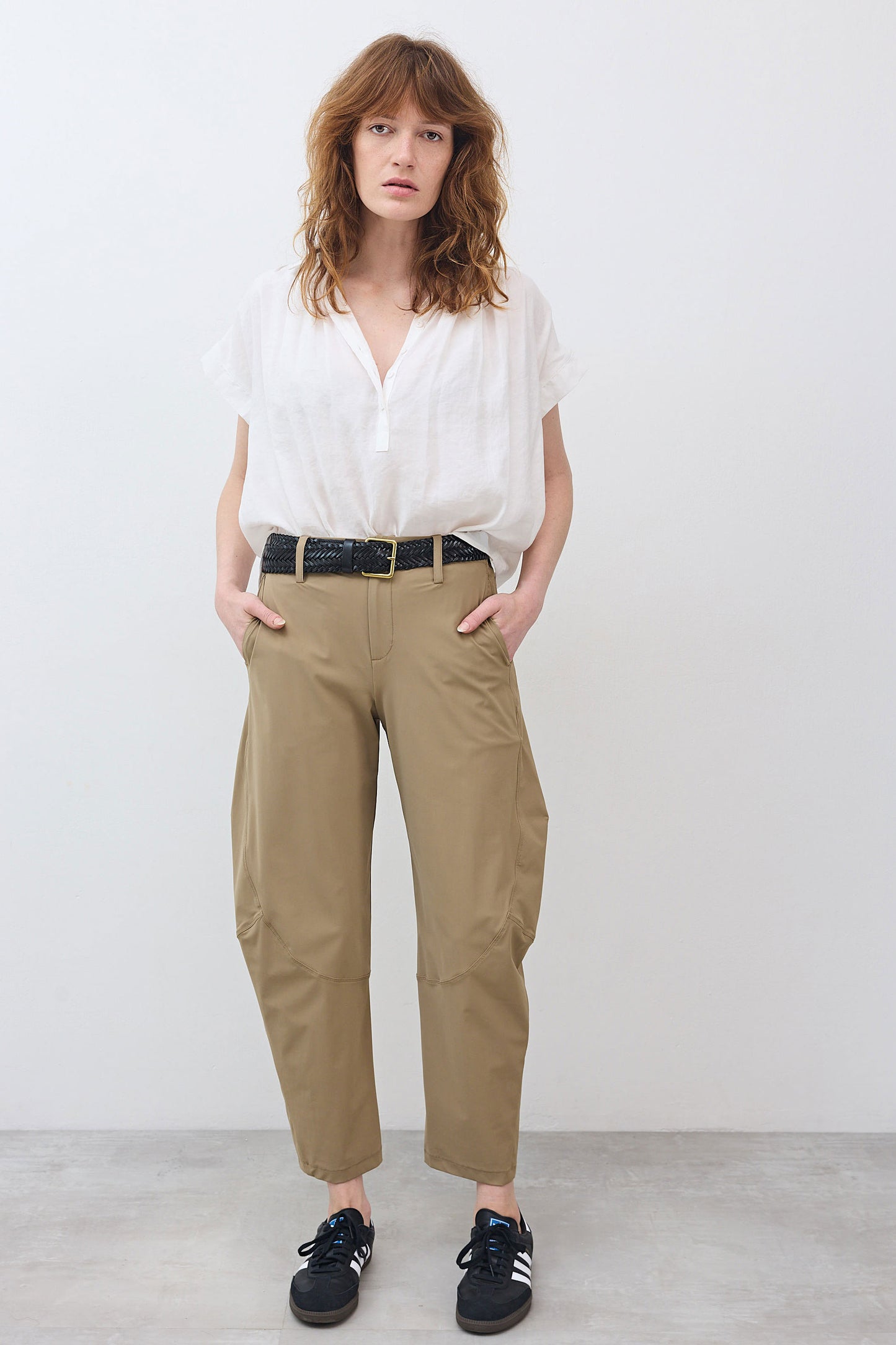 Dune wide-ish pants front view with roomy fit and belt loops at the waist