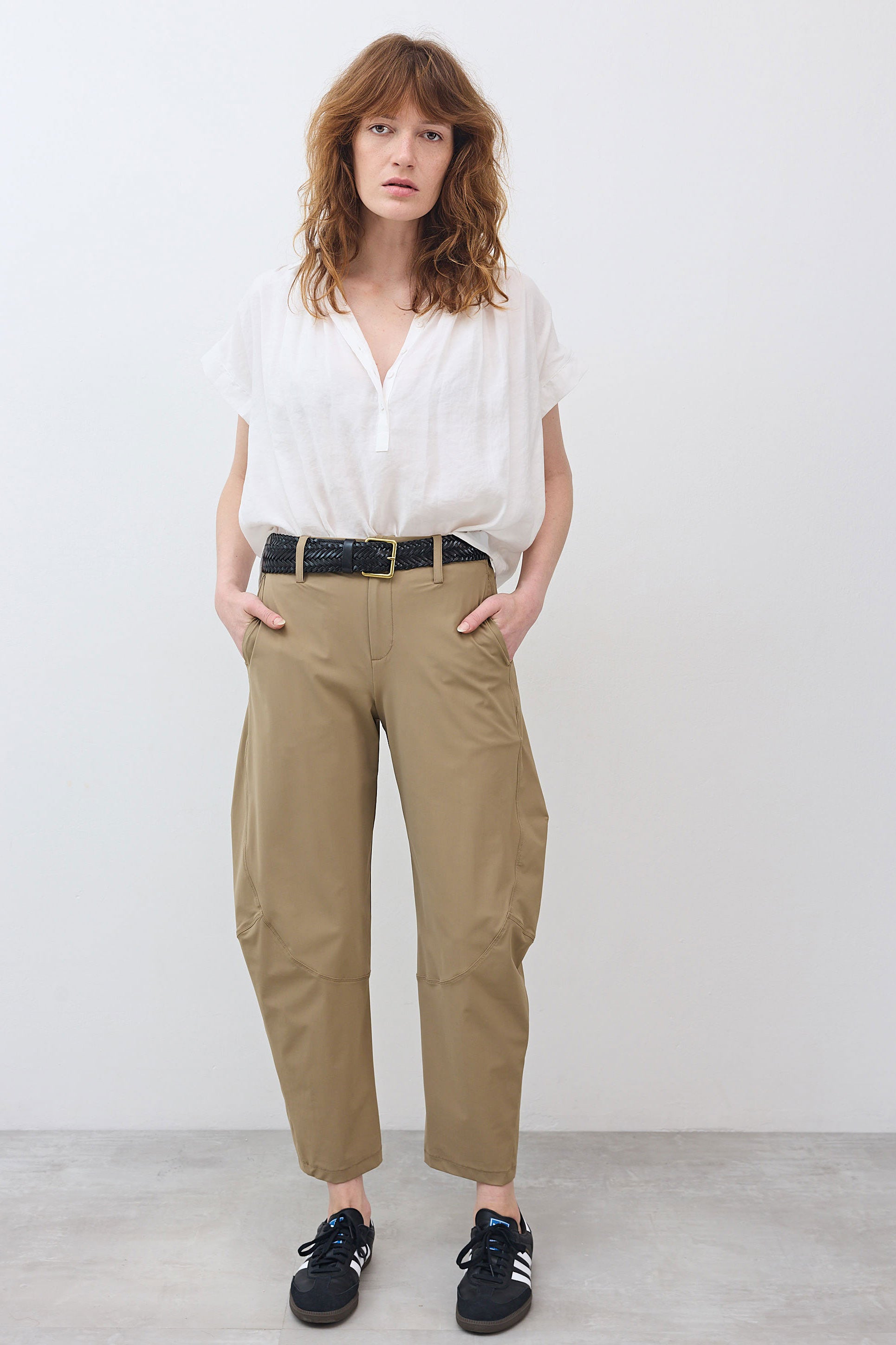 Dune wide-ish pants front view with roomy fit and belt loops at the waist
