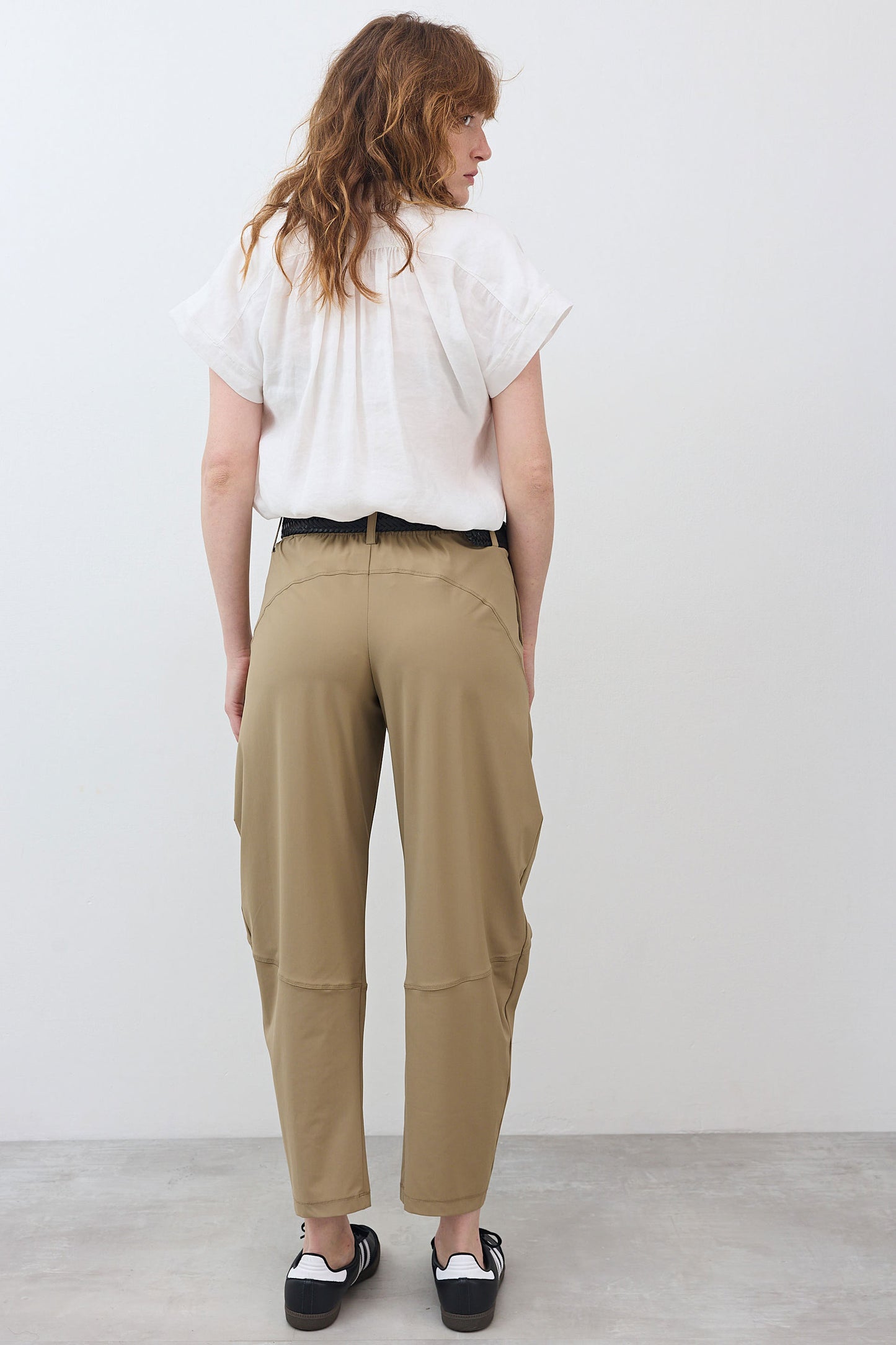 Dune wide-ish pants back view with elastic waistband and relaxed leg shape