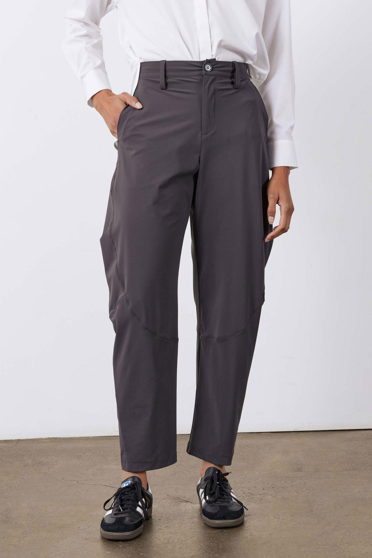 Graphite wide-leg pants with front button and zipper, pleated waistband