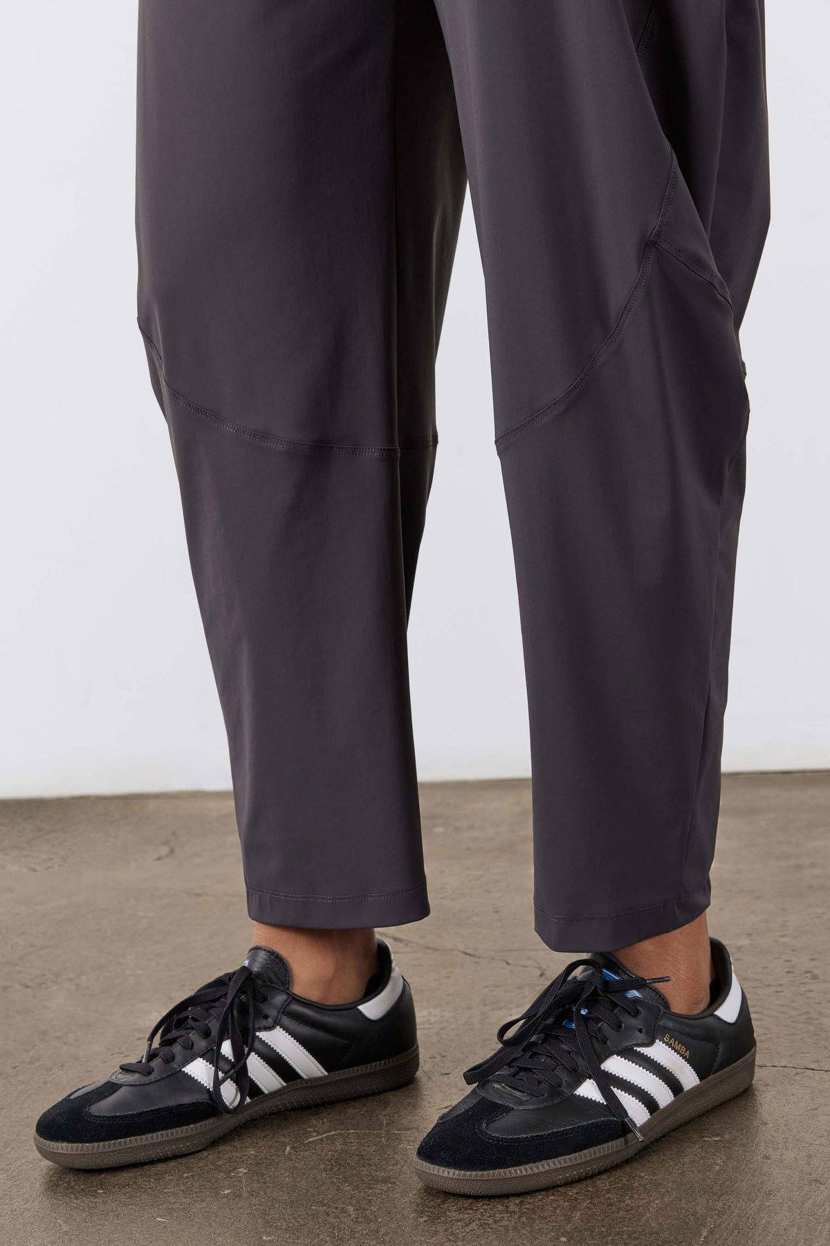 Graphite wide-leg pants with straight hems and diagonal side panels