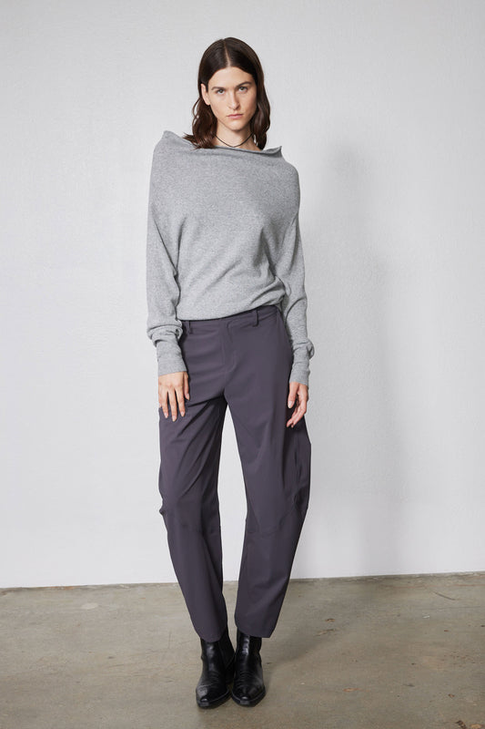 Graphite wide-leg pants with front seam panels and cuffed ankles