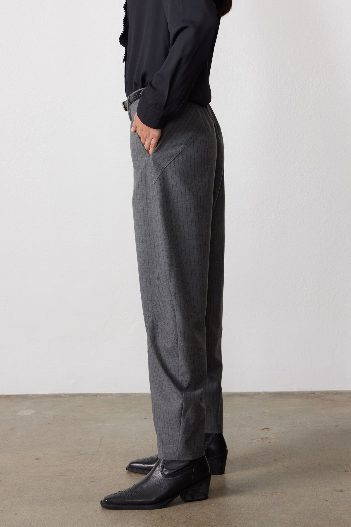 Gray pinstripe wide-leg suit pants with side seam and straight cuffed hem