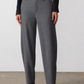 Gray pinstripe wide-leg suit pants with belt loops and center crease, front view