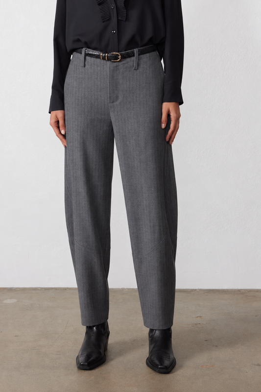 Gray pinstripe wide-leg suit pants with belt loops and center crease, front view