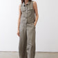 Wide-leg ankle pants in muted olive with button front and side pockets