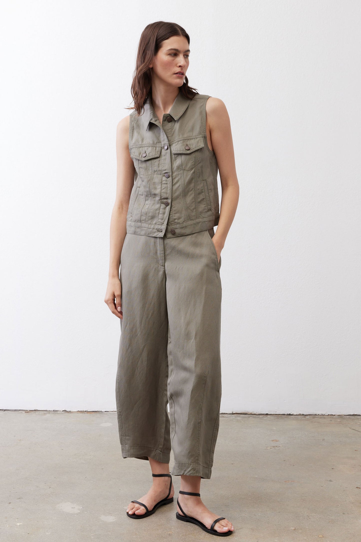 Wide-leg ankle pants in muted olive with button front and side pockets