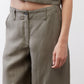 Wide-leg ankle pants in muted olive with button fly and front patch pockets