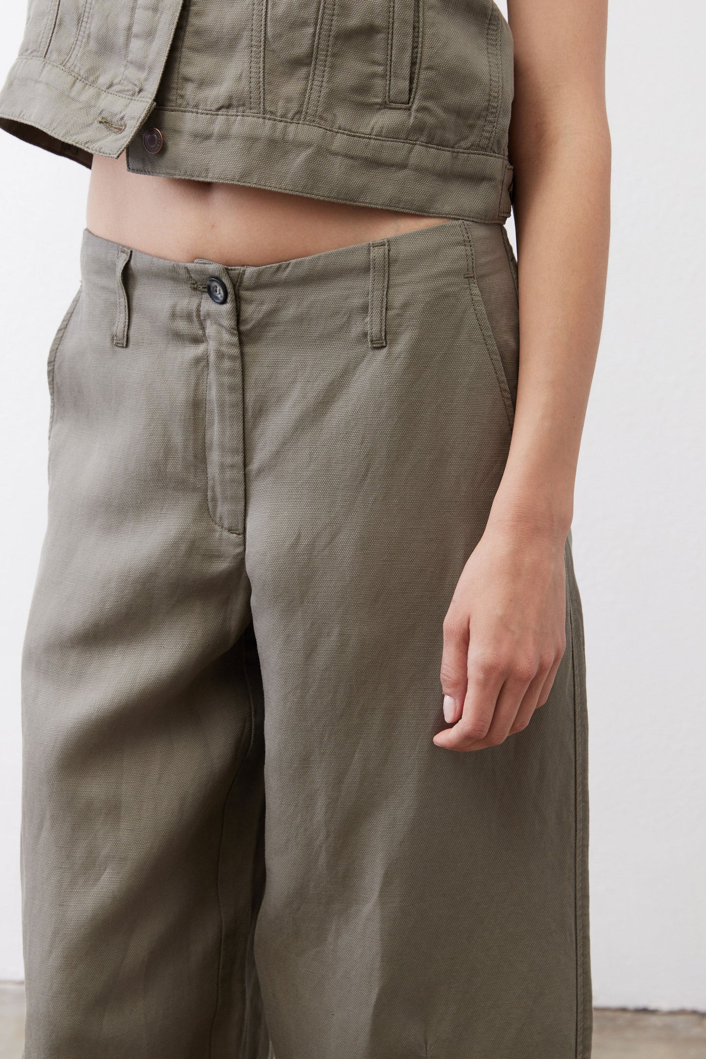 Wide-leg ankle pants in muted olive with button fly and front patch pockets