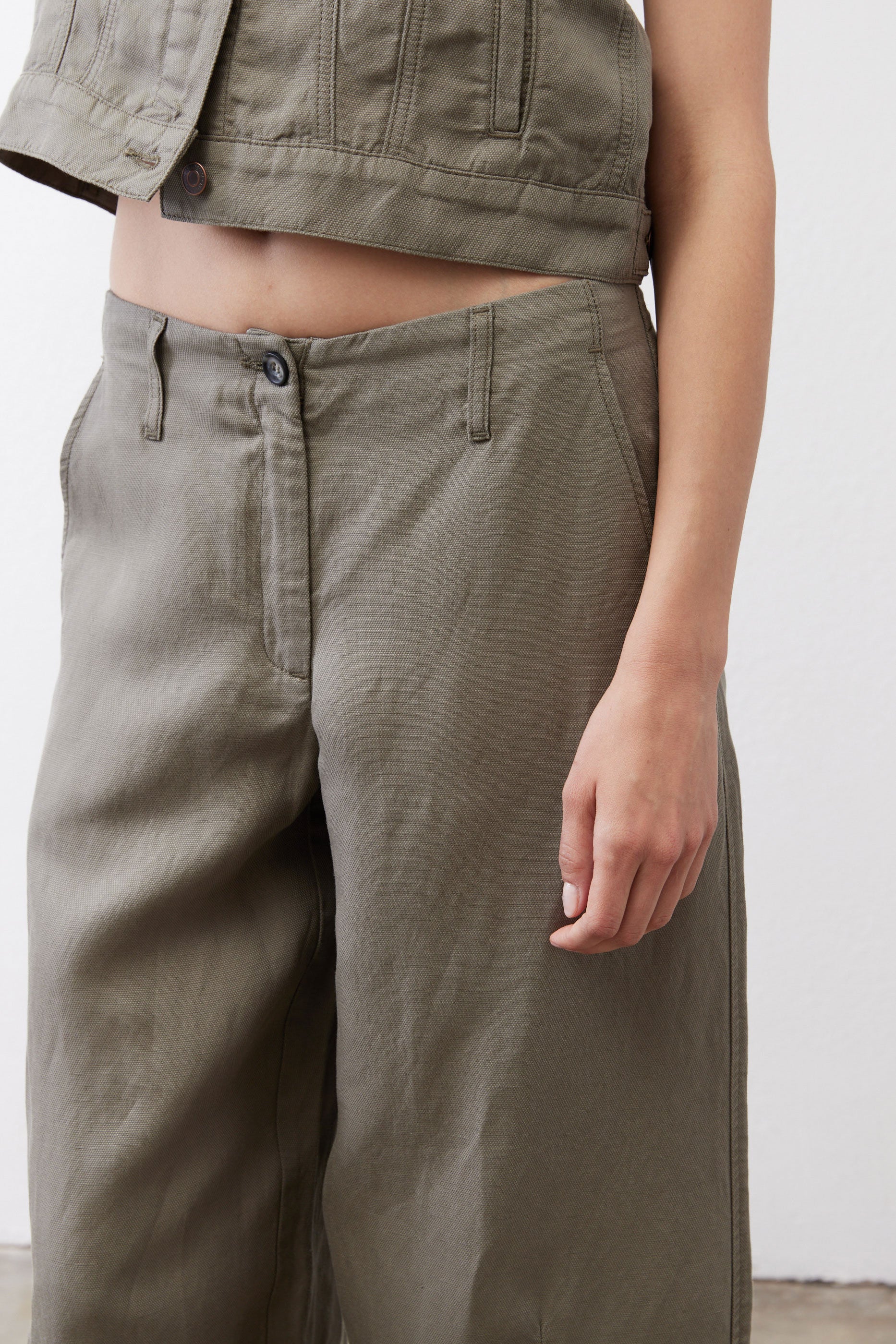 Wide-leg ankle pants in muted olive with button fly and front patch pockets