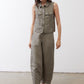 Wide-leg ankle pants in muted olive with high-rise waist and wide cropped legs