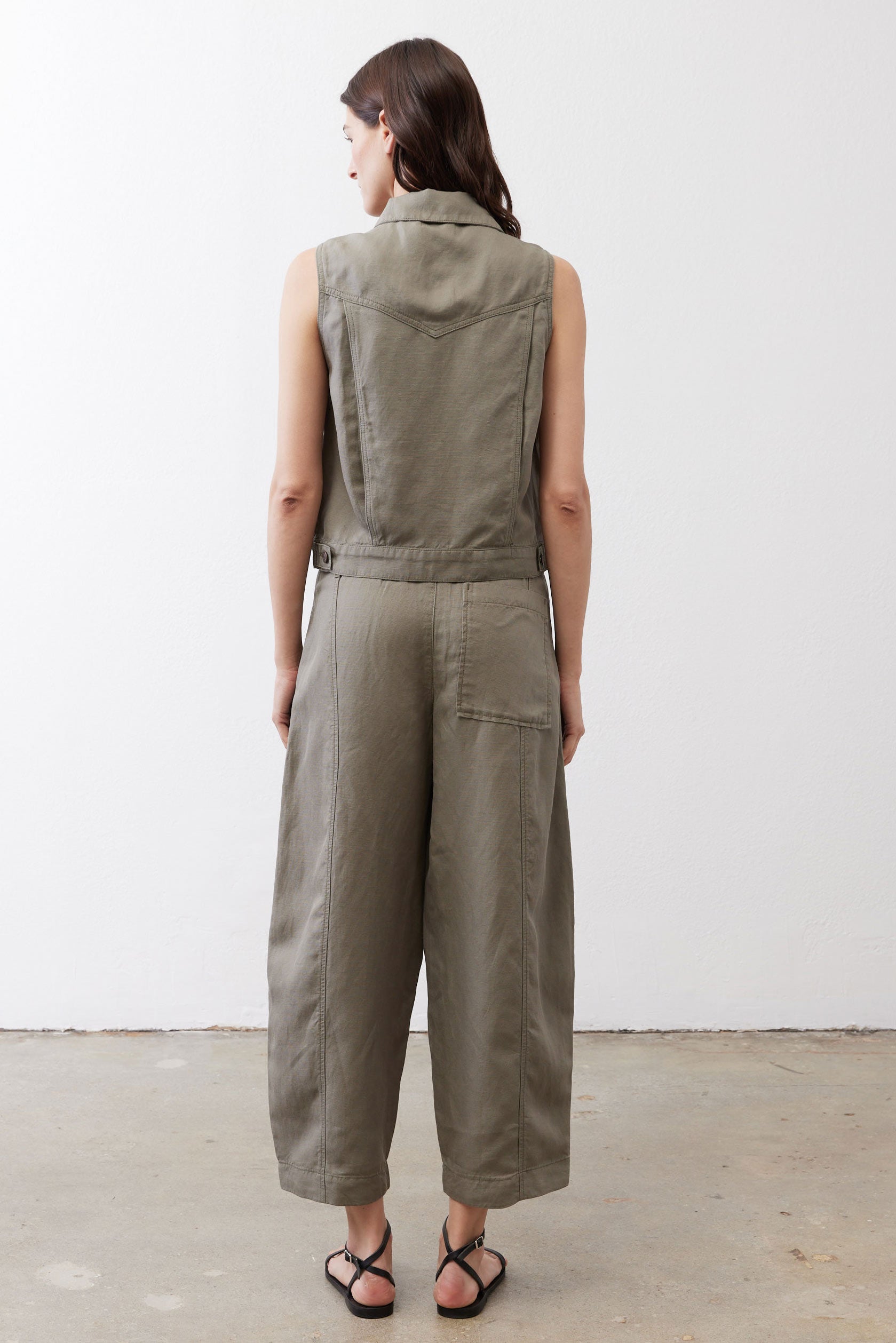 Olive petite wide-leg ankle pants with back yoke seam and ankle-length hem