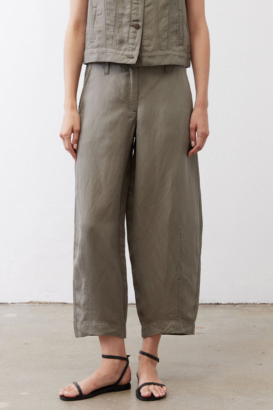 Olive wide-leg ankle pants with front button closure, patch pockets, and wide leg opening