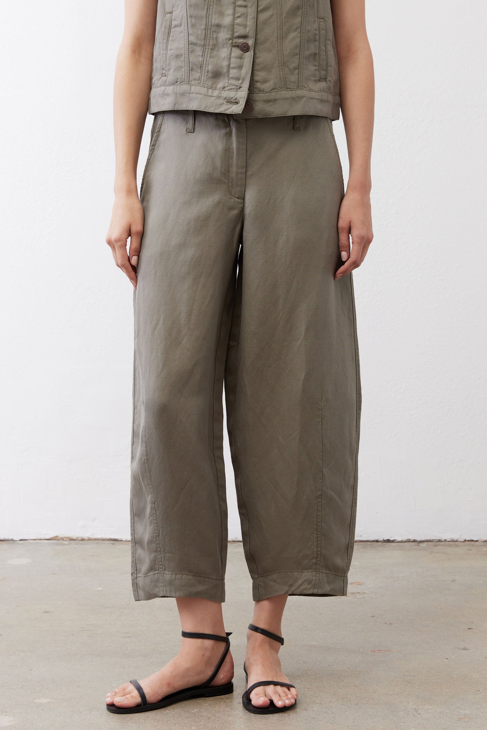 Olive petite wide-leg ankle pants with gathered waistband and roomy straight legs