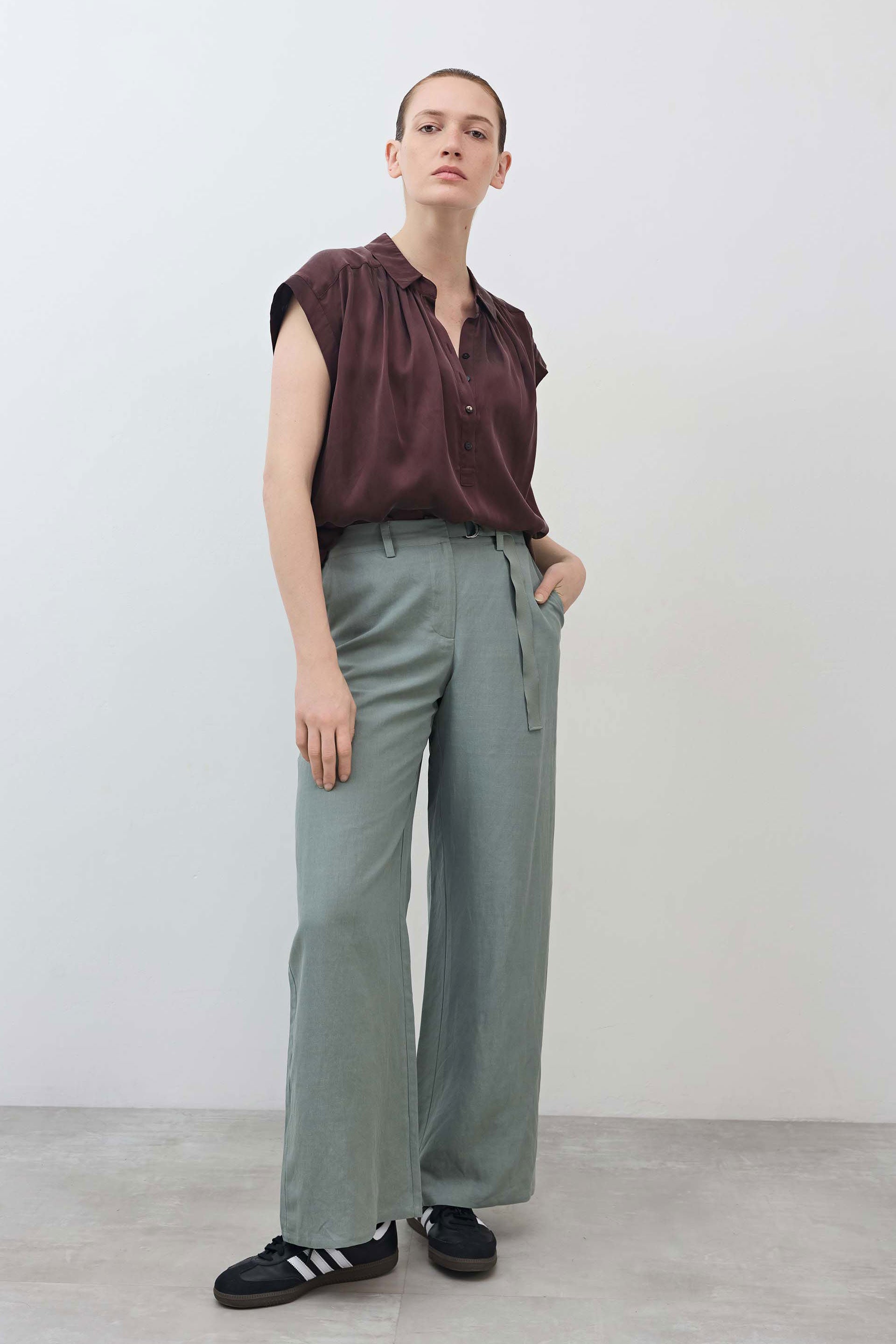 Belted Wide Leg Silk Linen Trousers