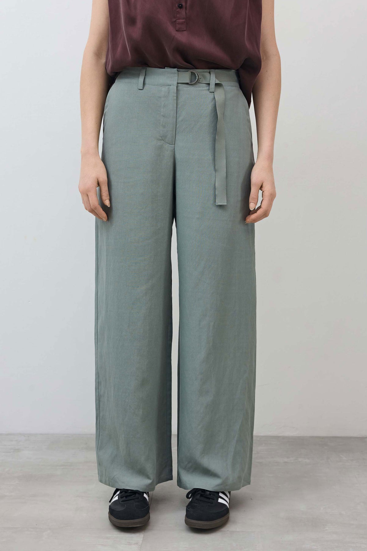 Belted wide-leg trousers, chinois green with front pleats and self-tie at waist