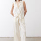 Ivory linen wide-leg trousers, tie-style waist detail, full length