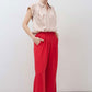 Blush satin silk oversized blouse with collar and button-front, short sleeves