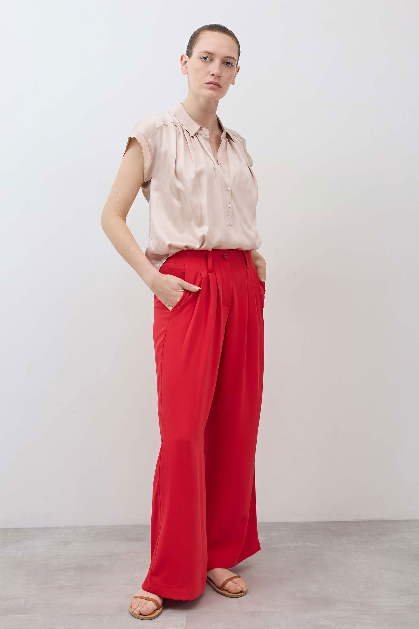Blush satin silk oversized blouse with collar and button-front, short sleeves