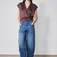 Wrap V-neck sleeveless silk top in dark plum, gathered front and tie waist