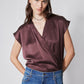 Wrap V-neck sleeveless silk top, dark plum satin drape with crossover front