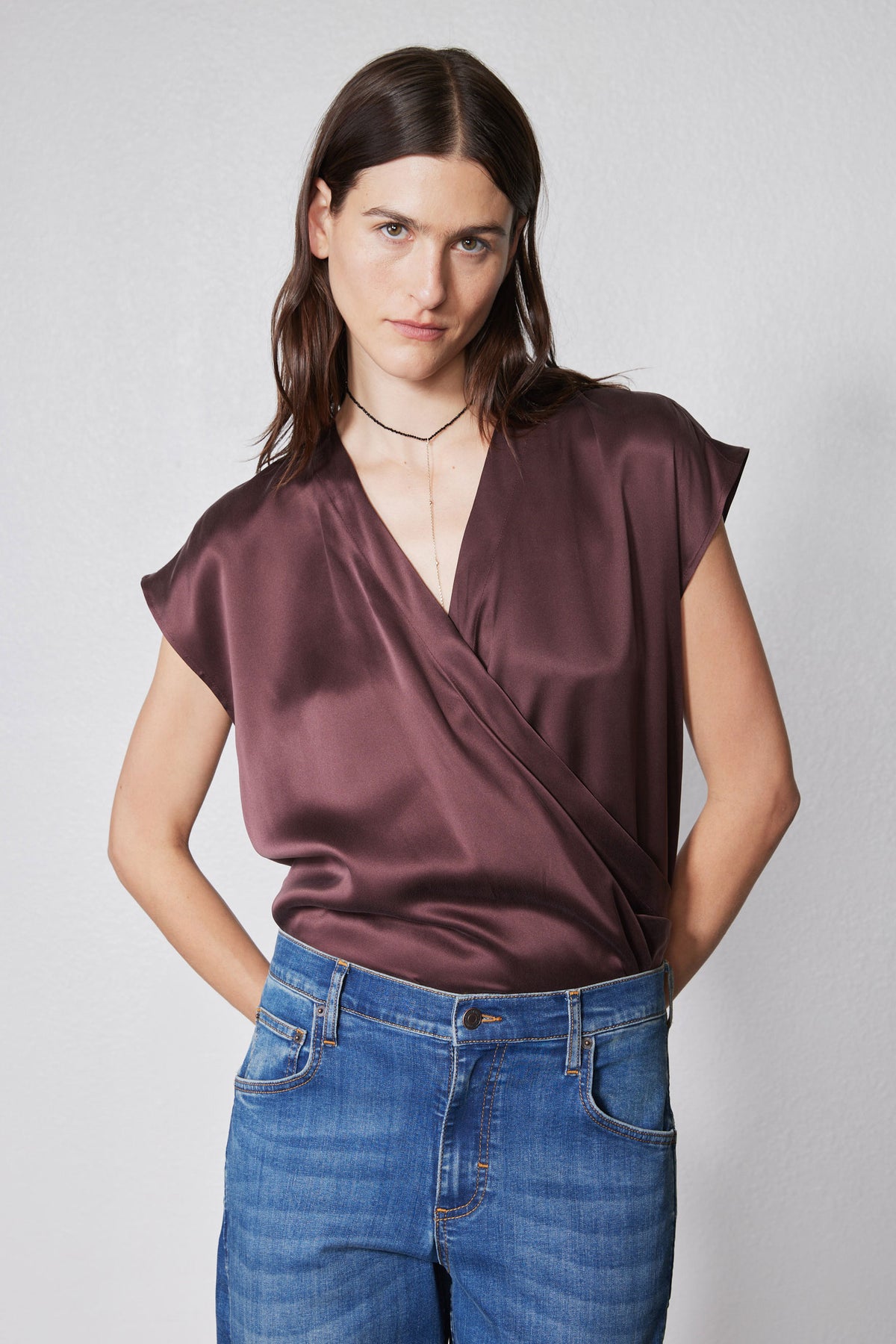 Wrap V-neck sleeveless silk top, dark plum satin drape with crossover front