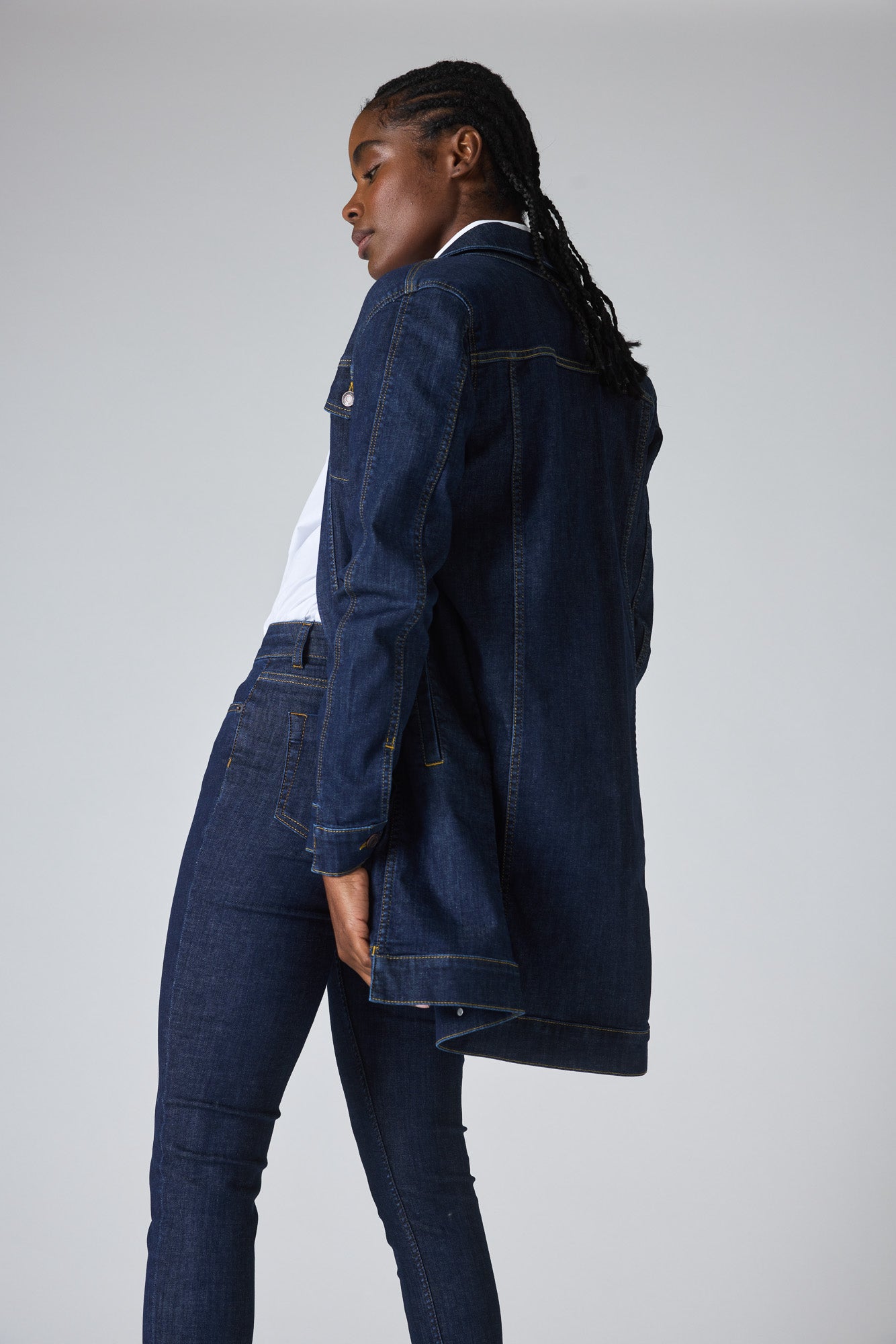 Women's longer outlet length denim jacket