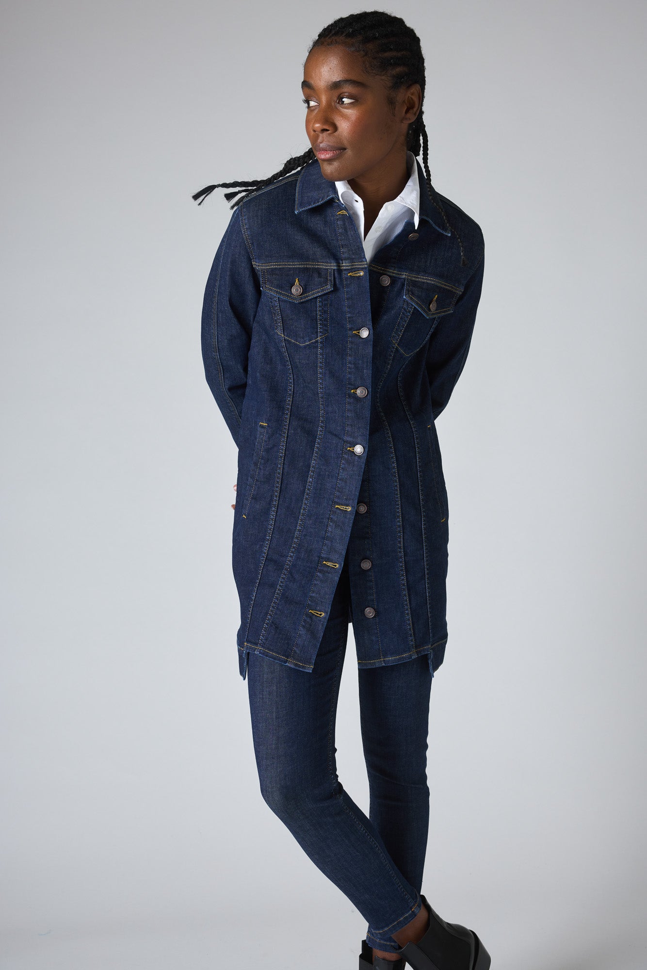 Floor length best sale denim jacket