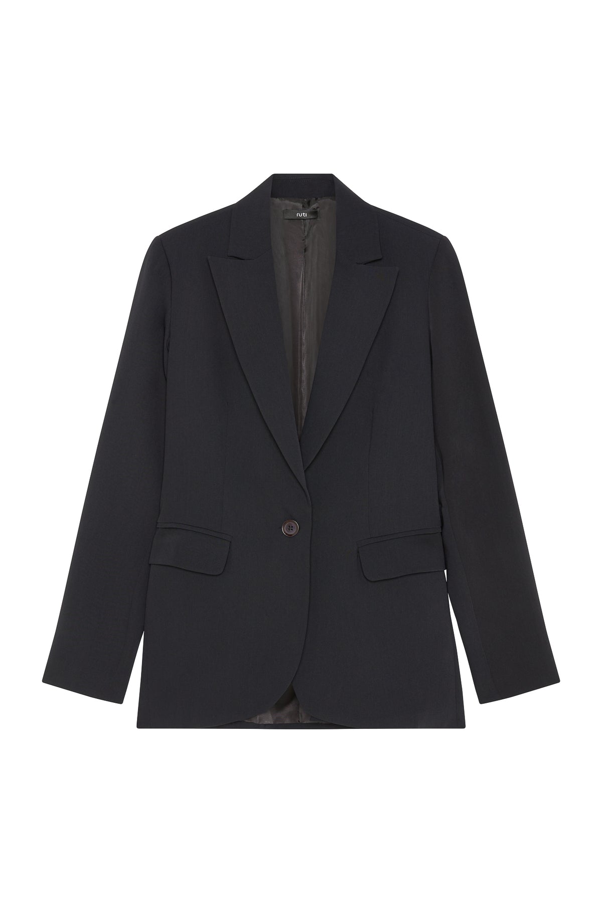 Classic black blazer with notch lapels, two front pockets, and single-button closure