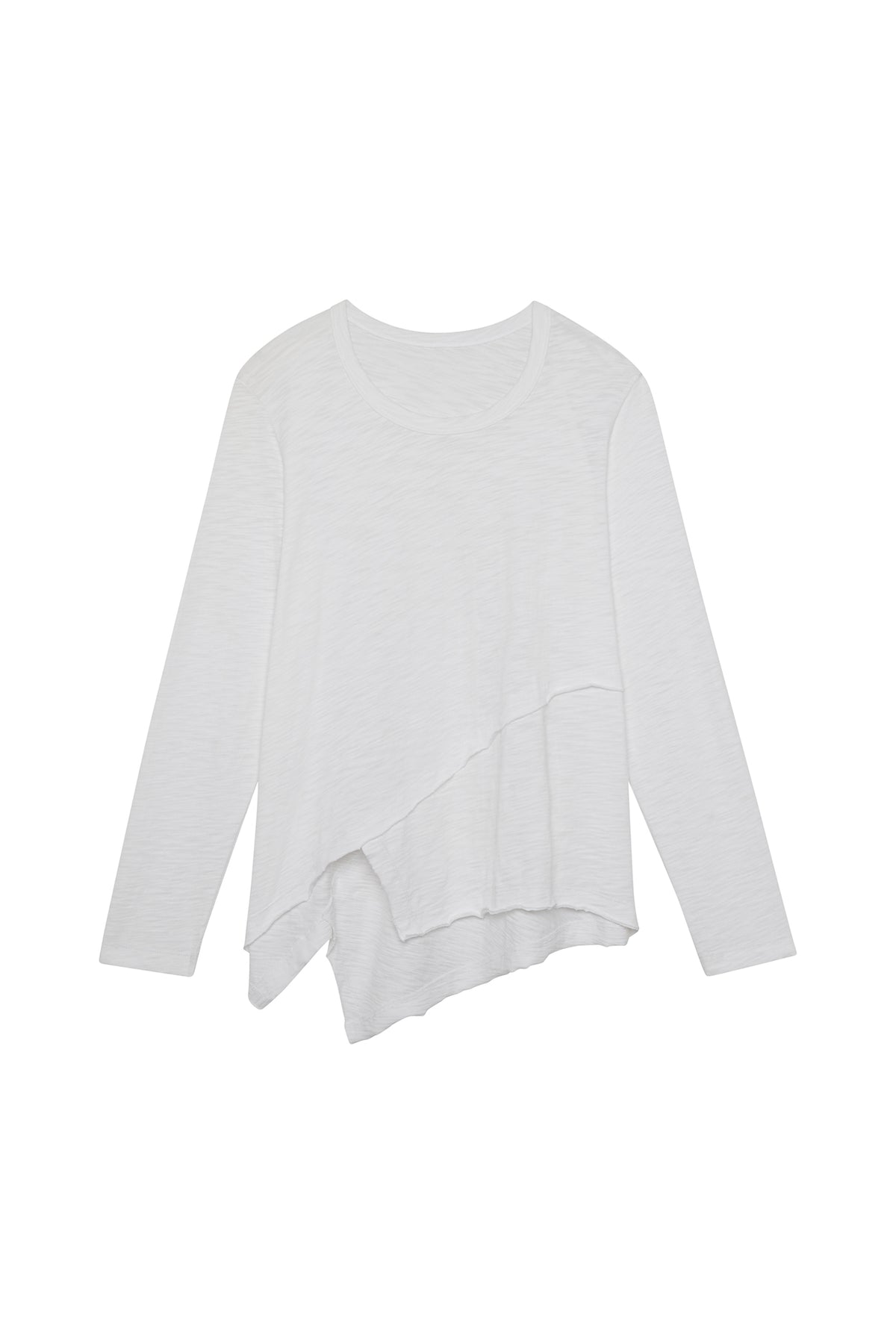 White asymmetric long sleeve top with crew neck and uneven hemline