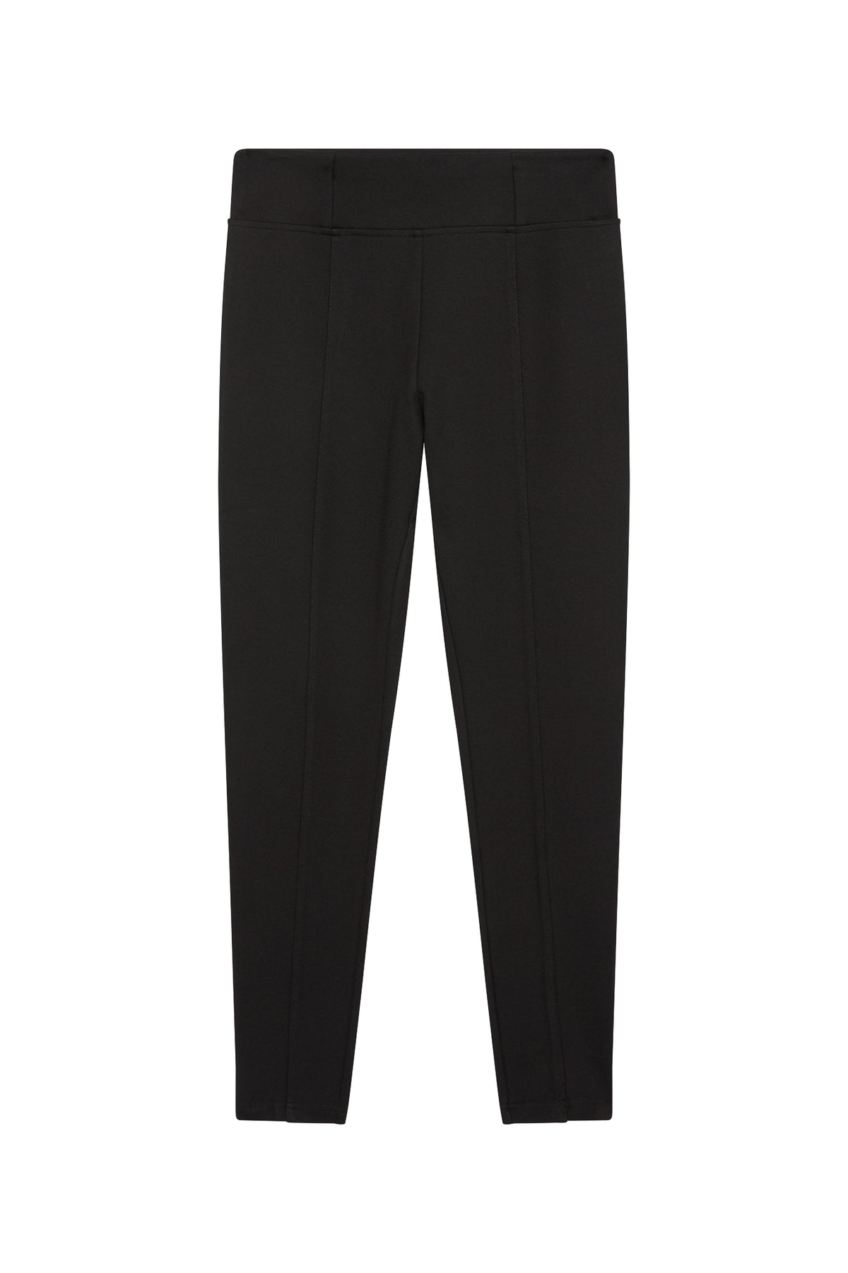 Black ankle-length smart leggings, flat lay view of fitted pants with seam detailing
