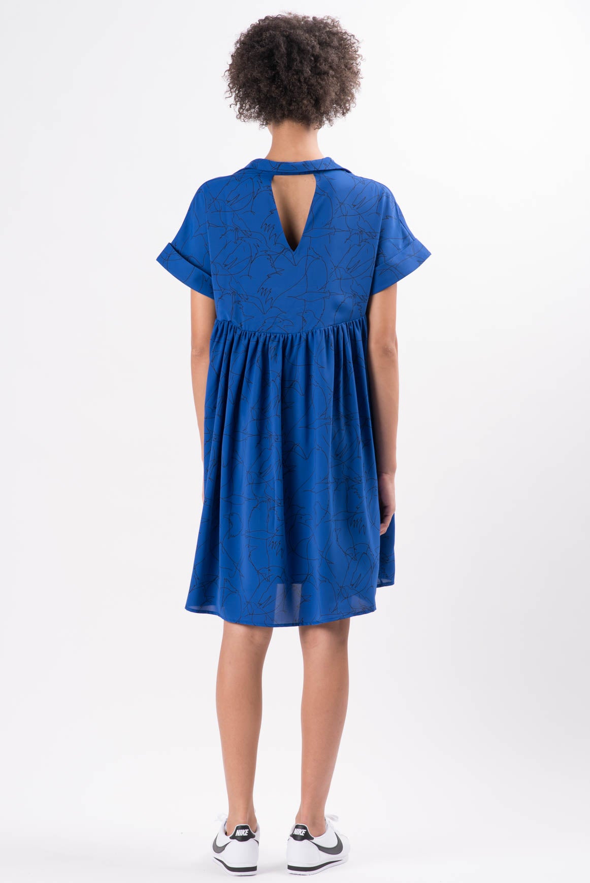 Blue Sketched Bird Mira Short Dress
