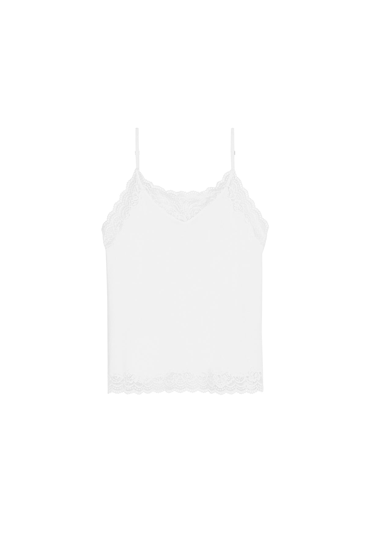 White cami with lace V-neck and scalloped lace hem, front view