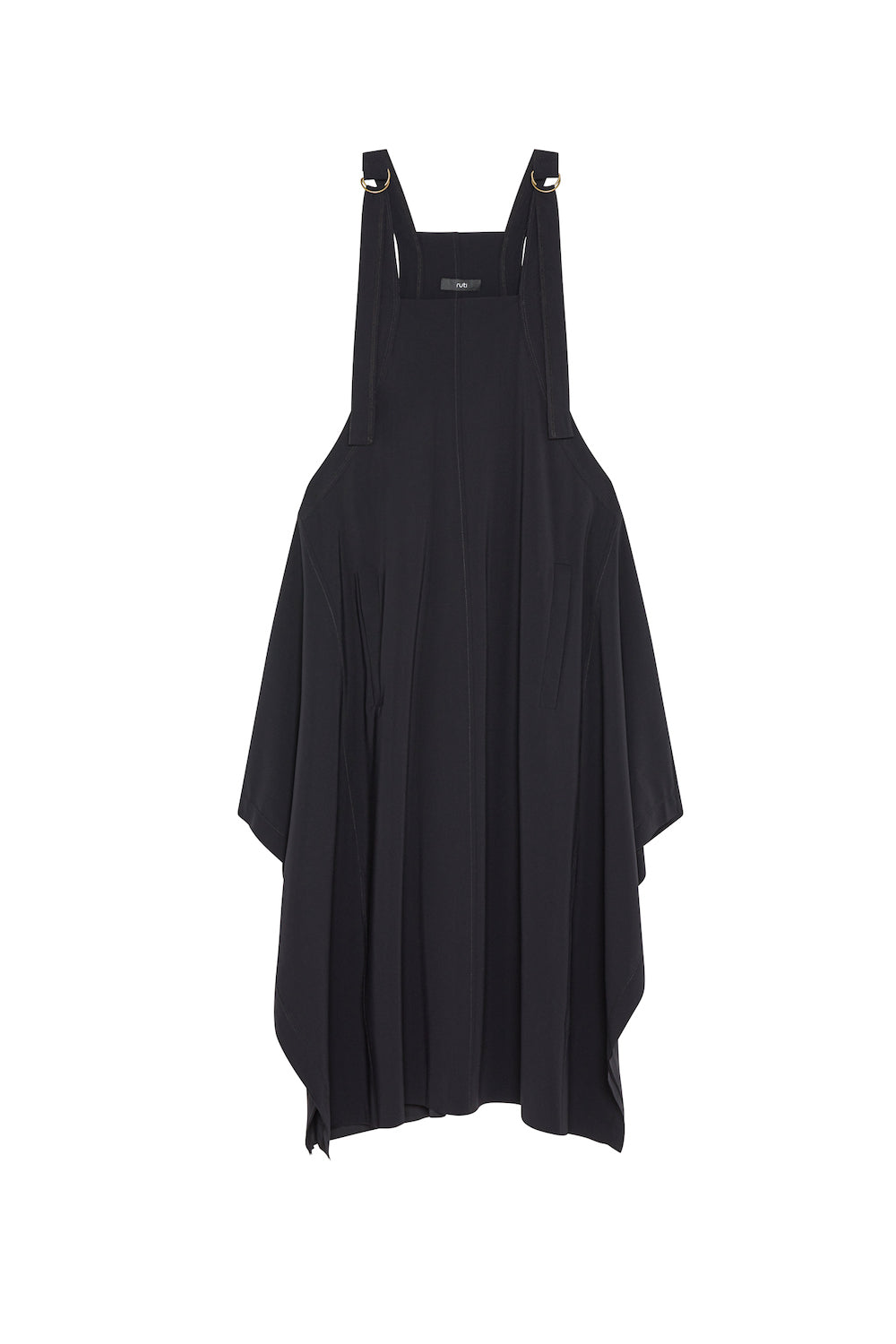 Black sleeveless sarafan dress with buttoned shoulder straps and pleated midi skirt.